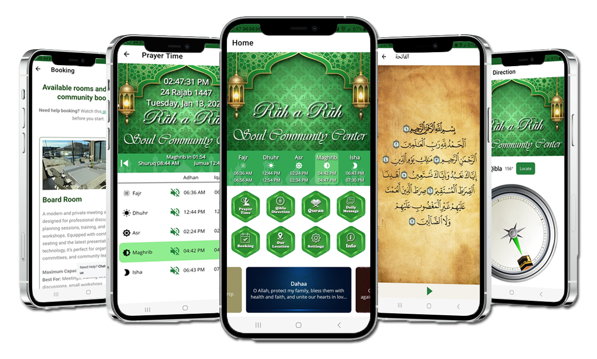 Masjid Mobile App on iPhone and Android showcasing prayer times and Qibla direction