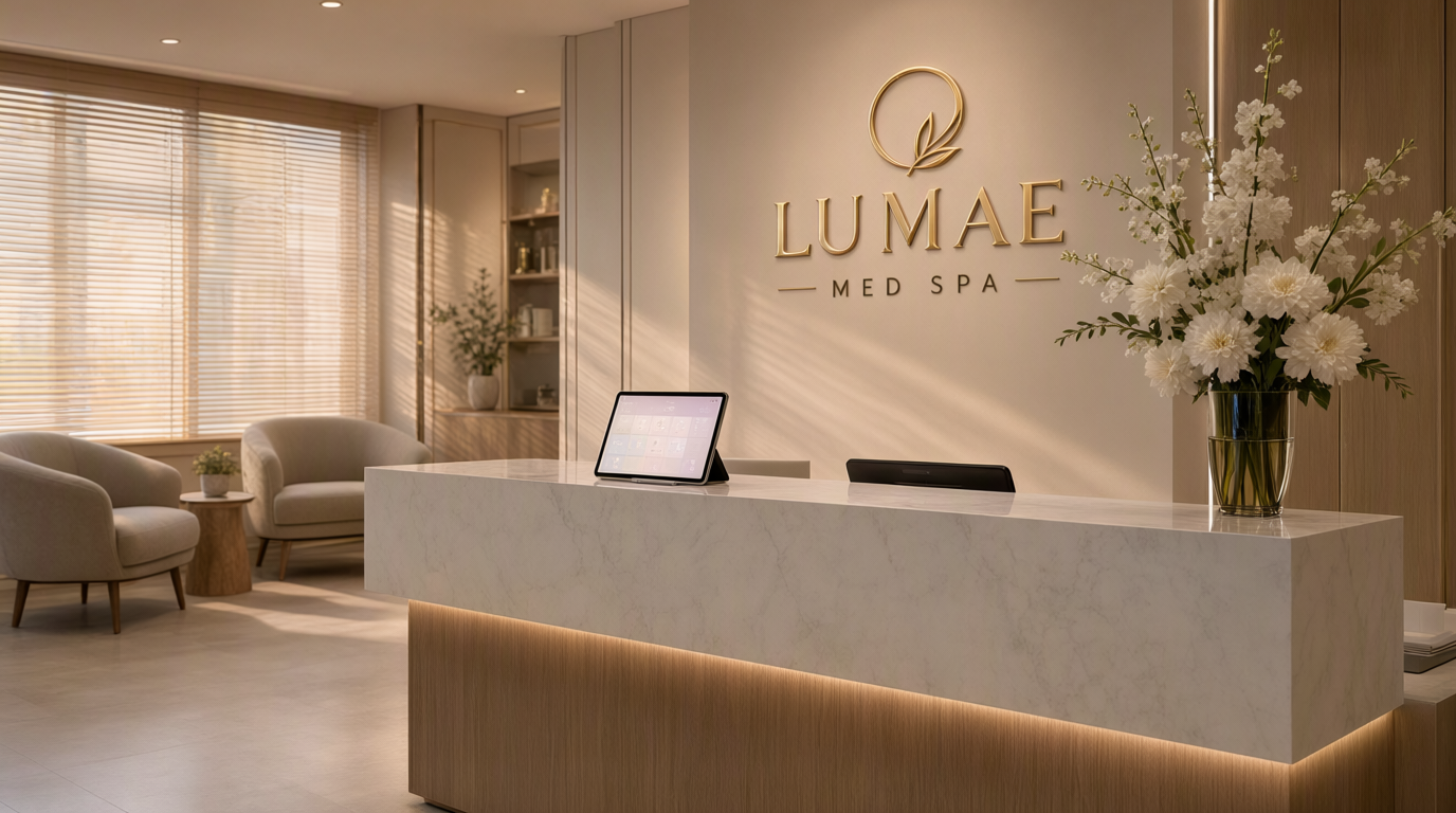 Warm modern therapy practice reception with two comfortable armchairs, wooden desk and tablet showing a softly glowing booking calendar