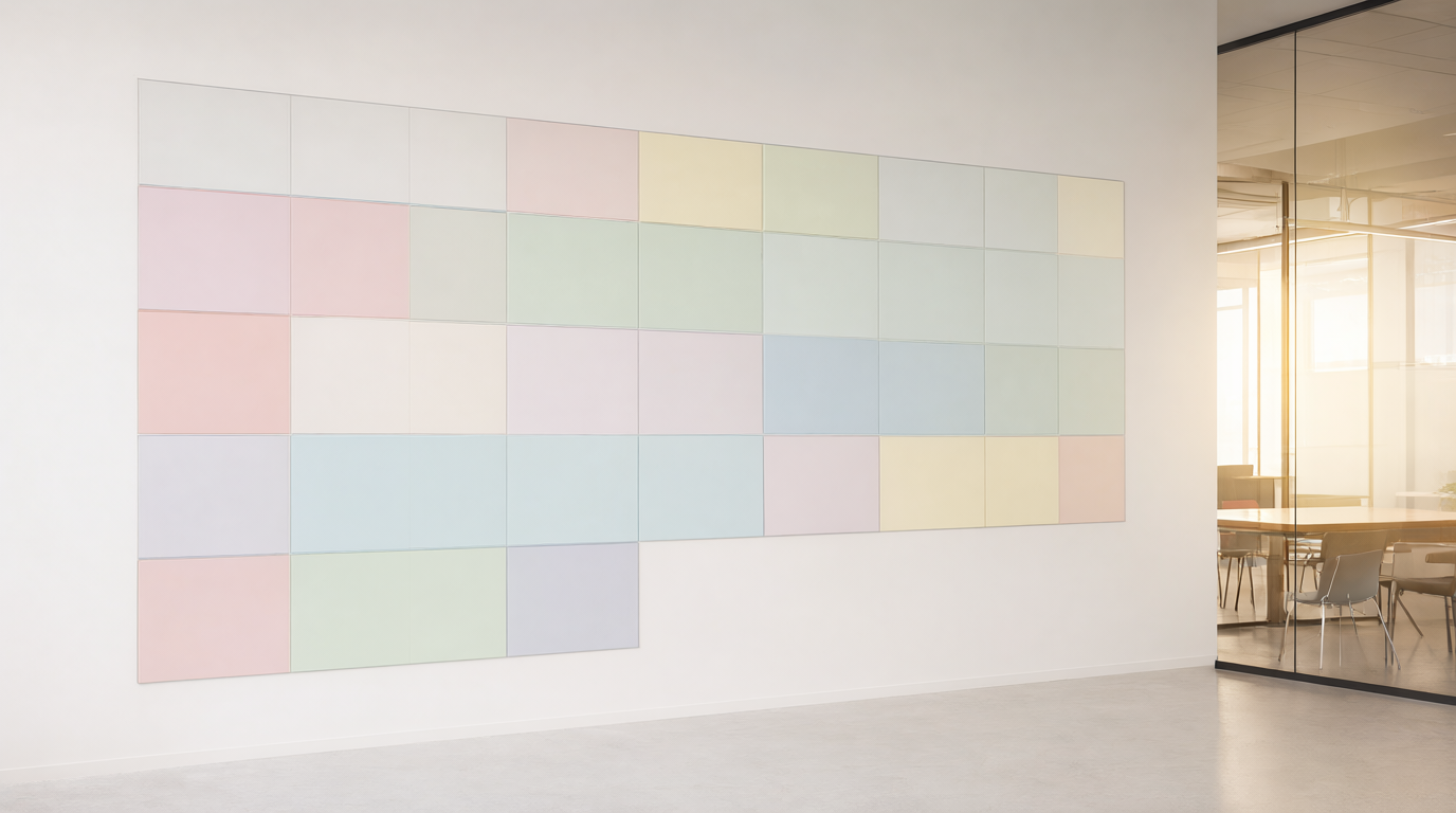 Bright minimalist office wall with pastel calendar-style color grid beside a glass conference room
