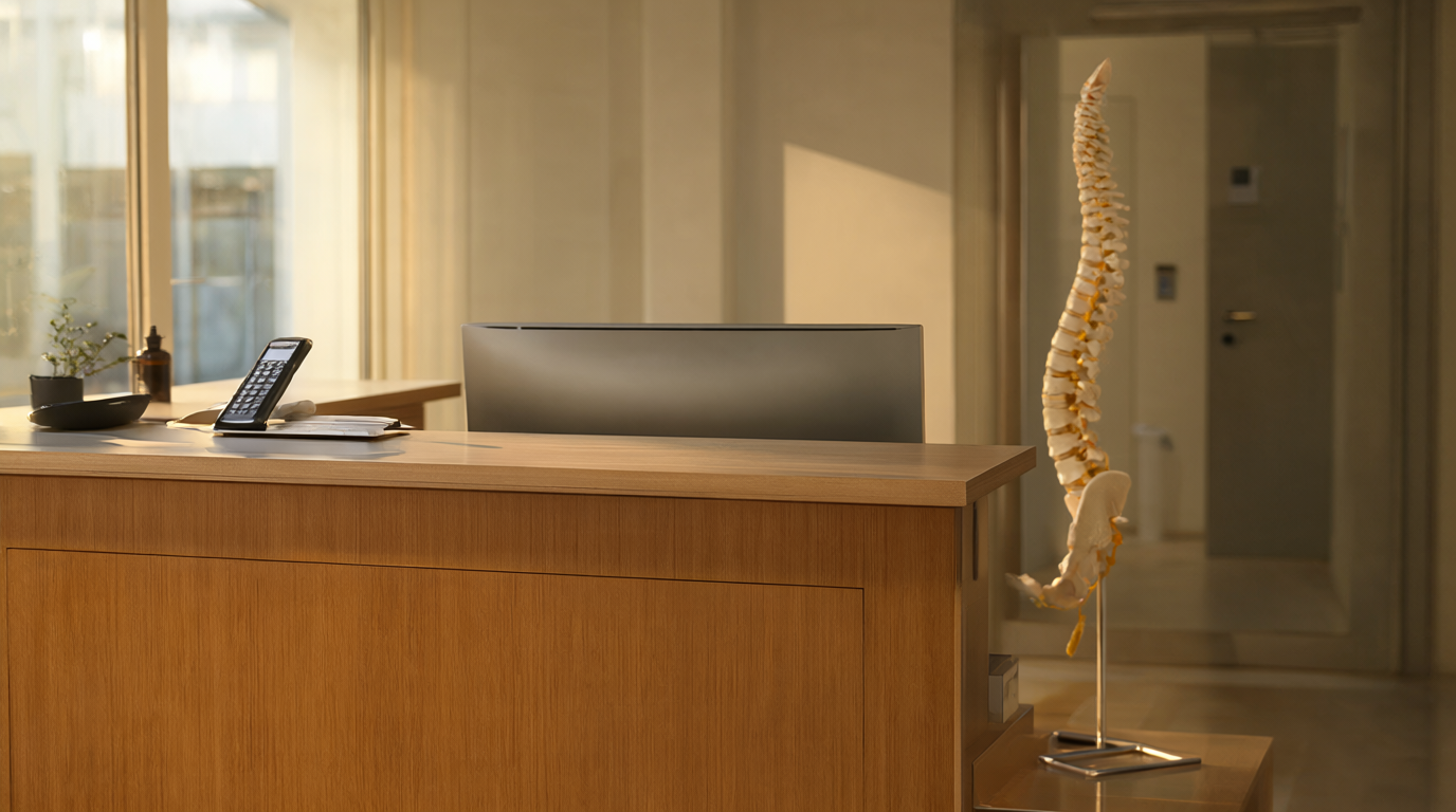 Modern chiropractic clinic reception at golden hour with wooden desk, cordless phone and anatomical spine model