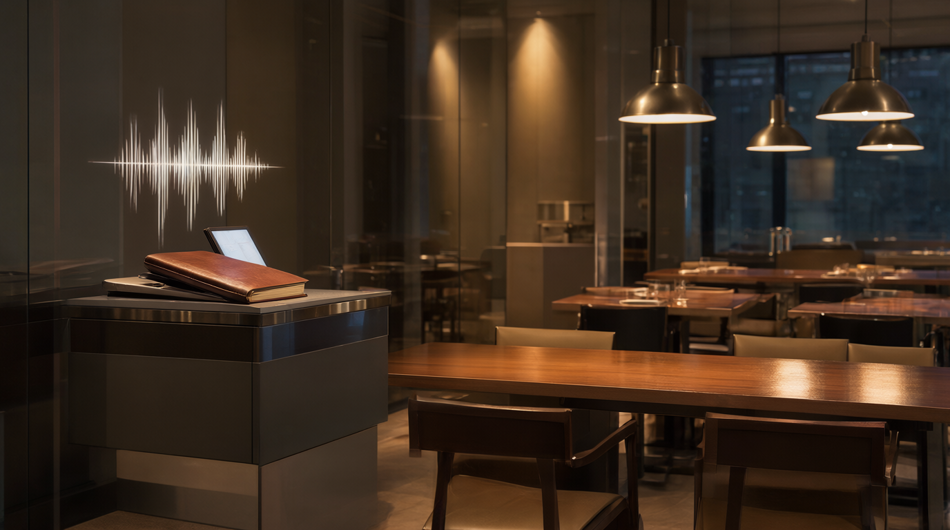 Modern restaurant interior at dusk with host stand, glowing tablet and subtle audio waveform hologram