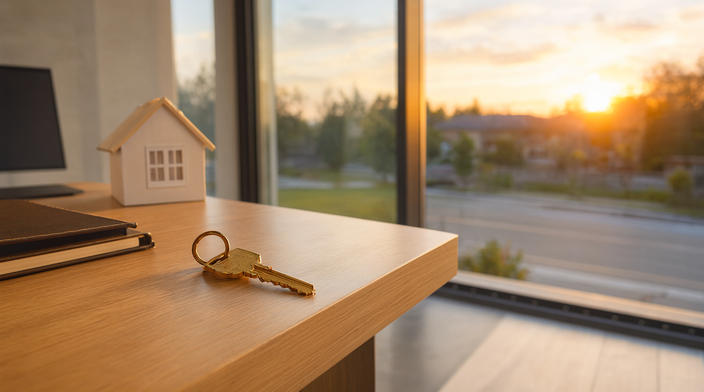 Real estate office desk at golden hour with a brass house key and a small white model house overlooking a suburban street