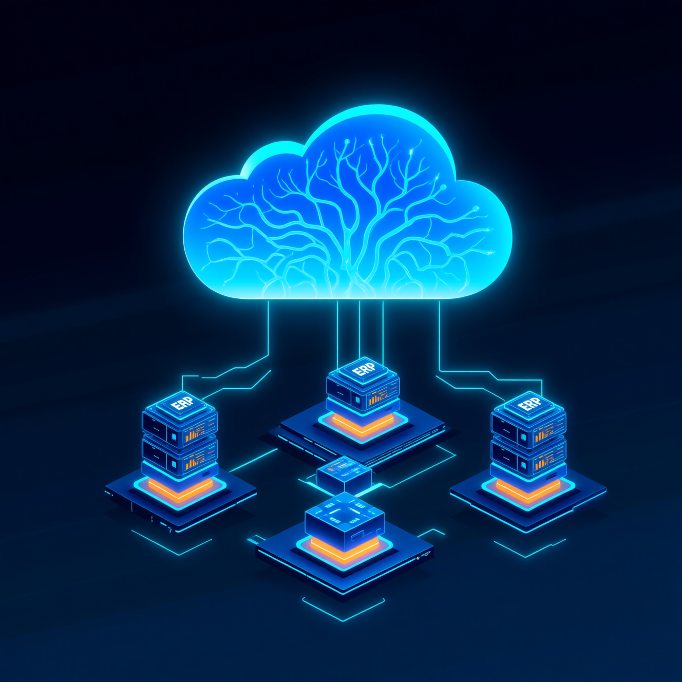 AI agent orchestration architecture connecting to ERP microservices with neural network pathways for Canadian enterprise digital transformation in Edmonton Alberta