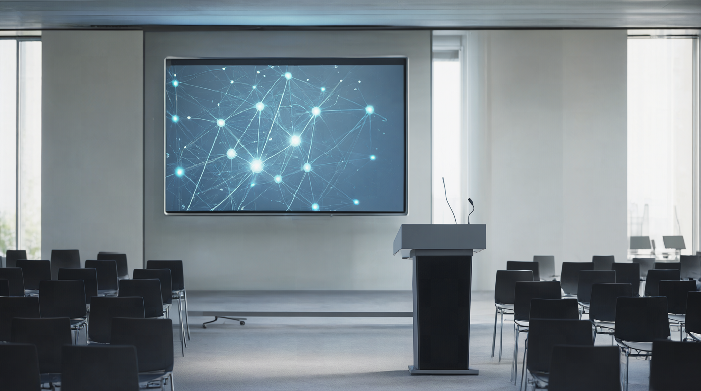 Modern corporate training room with lectern and large screen showing an abstract glowing neural network beside rows of empty chairs