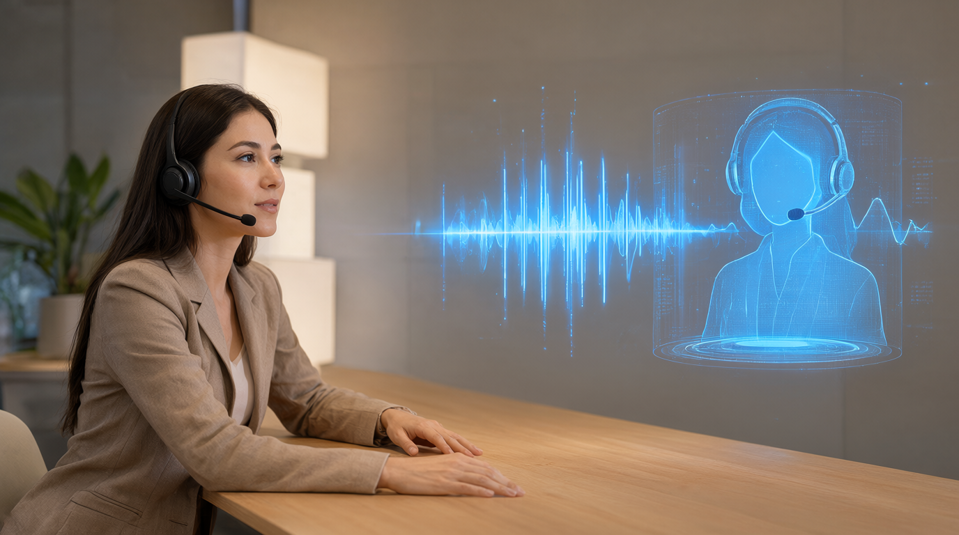 Receptionist with a headset at a desk connected by a glowing sound wave to a holographic AI assistant
