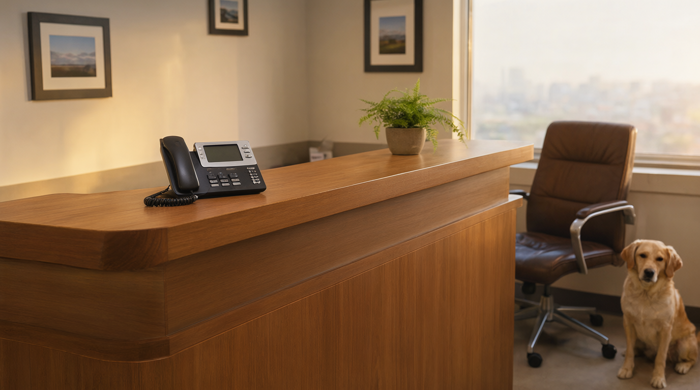 Warm veterinary clinic reception at golden hour with wooden desk, cordless phone, potted fern and a calm golden retriever on the floor