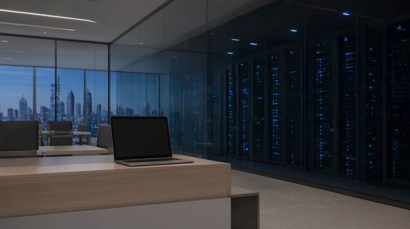 Modern enterprise office at dusk with laptop on a desk beside a glass wall revealing a blue-lit server room and city skyline