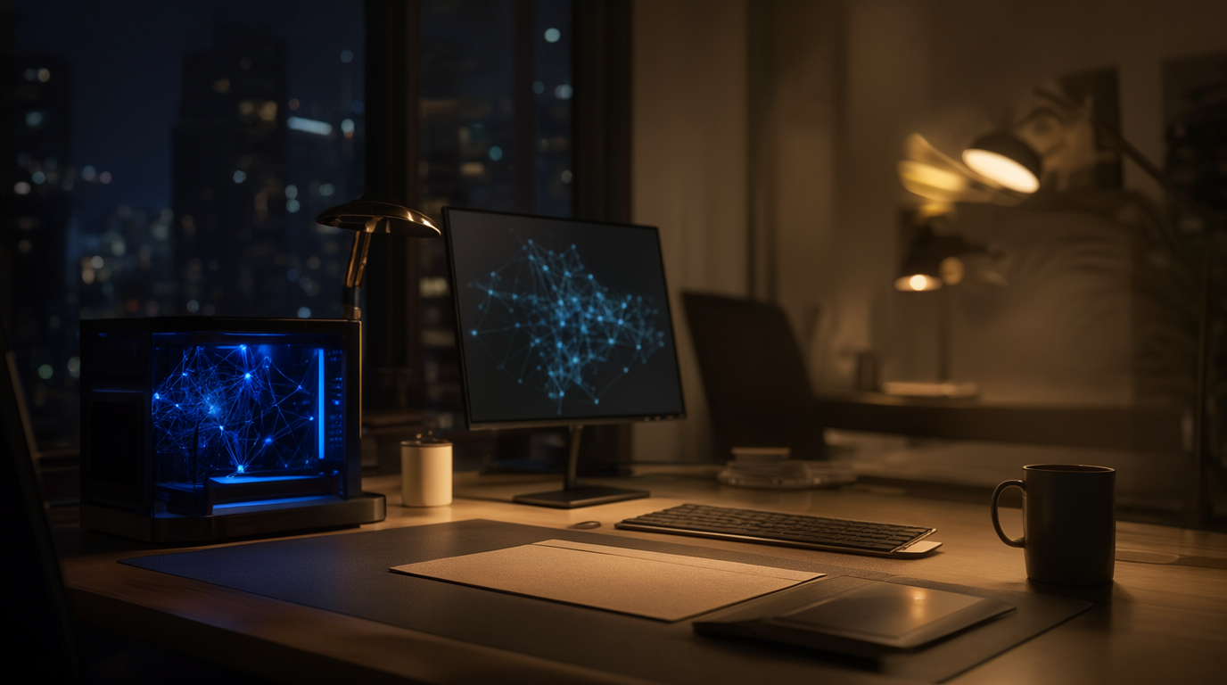 Home office at night with a compact AI PC tower glowing blue beside a monitor showing an abstract neural network visualization