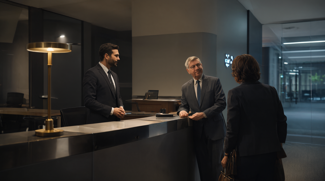 Modern law firm reception at dusk with attorney greeting a client at a polished front desk under warm brass lamp light
