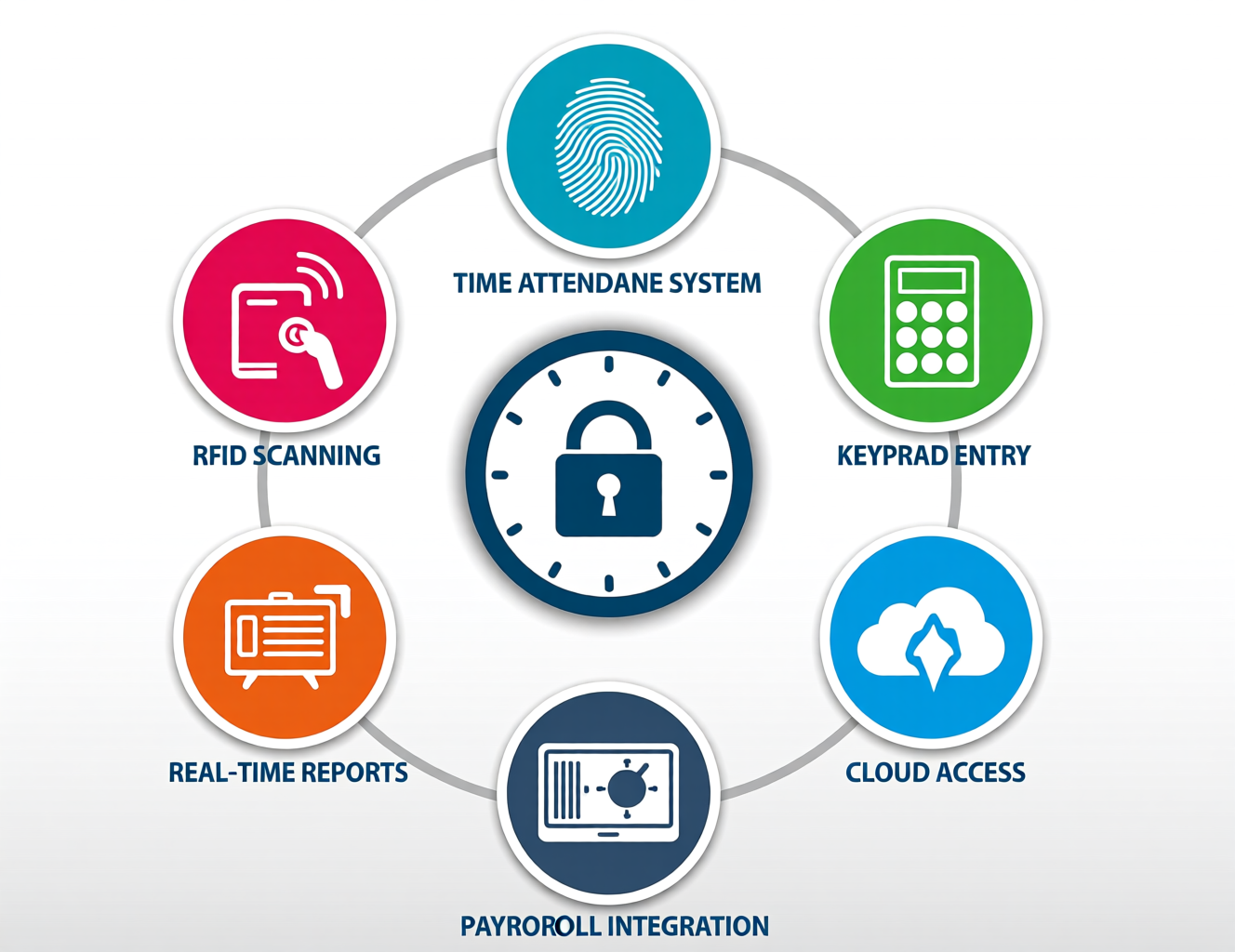 Time Attendance System showing RFID and fingerprint clock-in options with real-time attendance reports and payroll integration