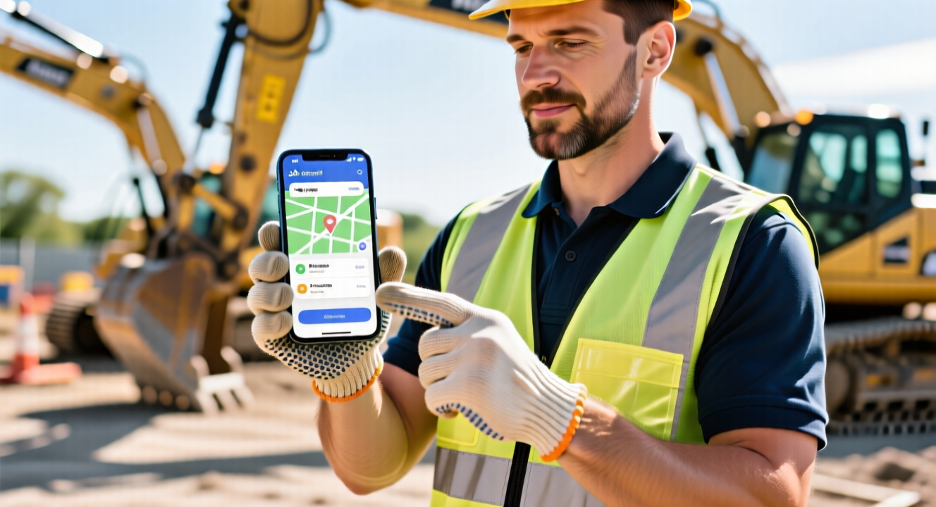 Job Tracker mobile interface showing real-time job progress, worker tracking, and automated timesheet features