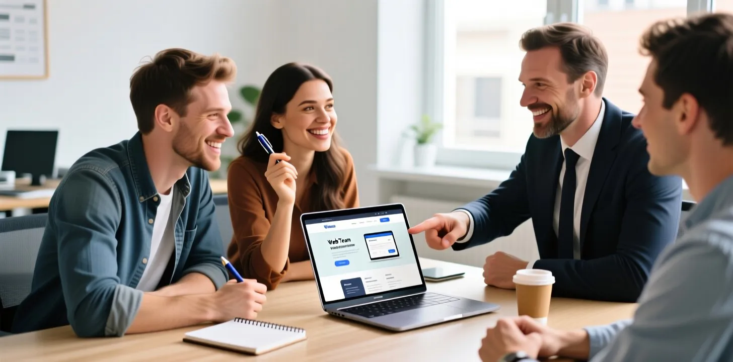 Business owner and web design team collaborating on professional website design